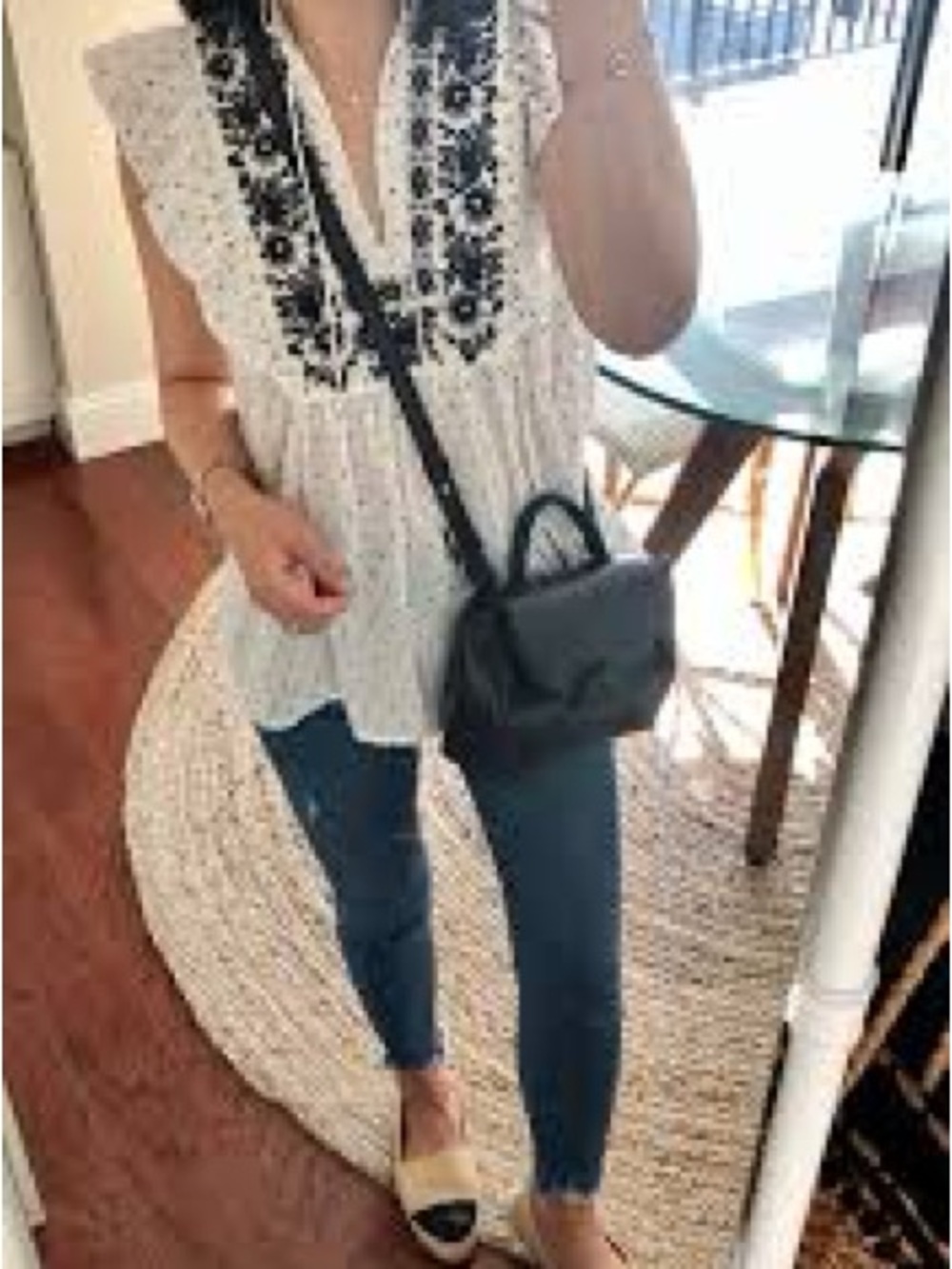 LOFT White Top with Black Floral Embroidery and Tie Neck